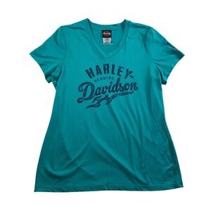 Harley-Davidson Women Teal V-Neck Graphic T-Shirt XL Patriot Fairfax VA Eagle